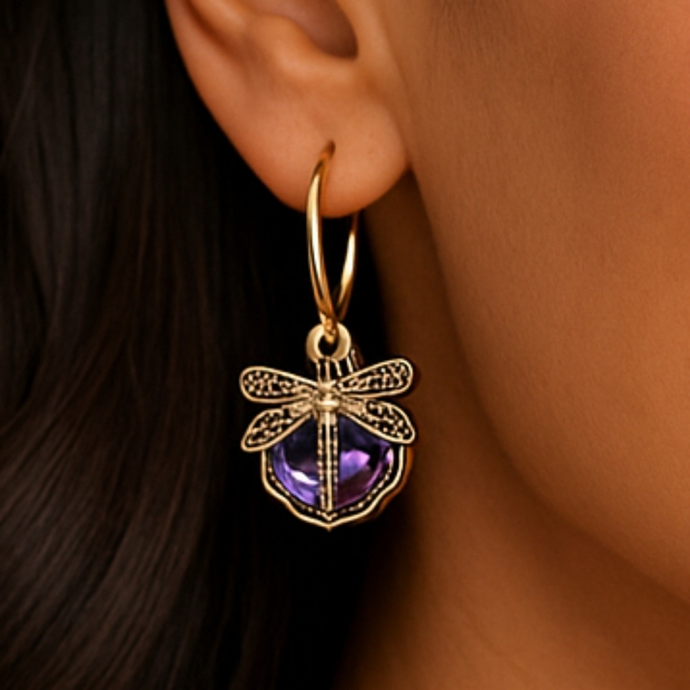 Royal Purple Cabochon and Bronze Dragonfly Earrings